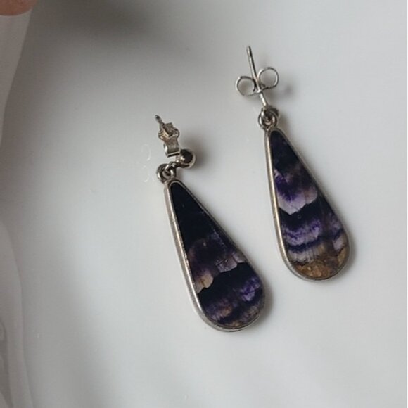 Vintage Boho Rare Sterling Silver Blue John Gemstone Purple Drop Dangle Earrings - Picture 8 of 10